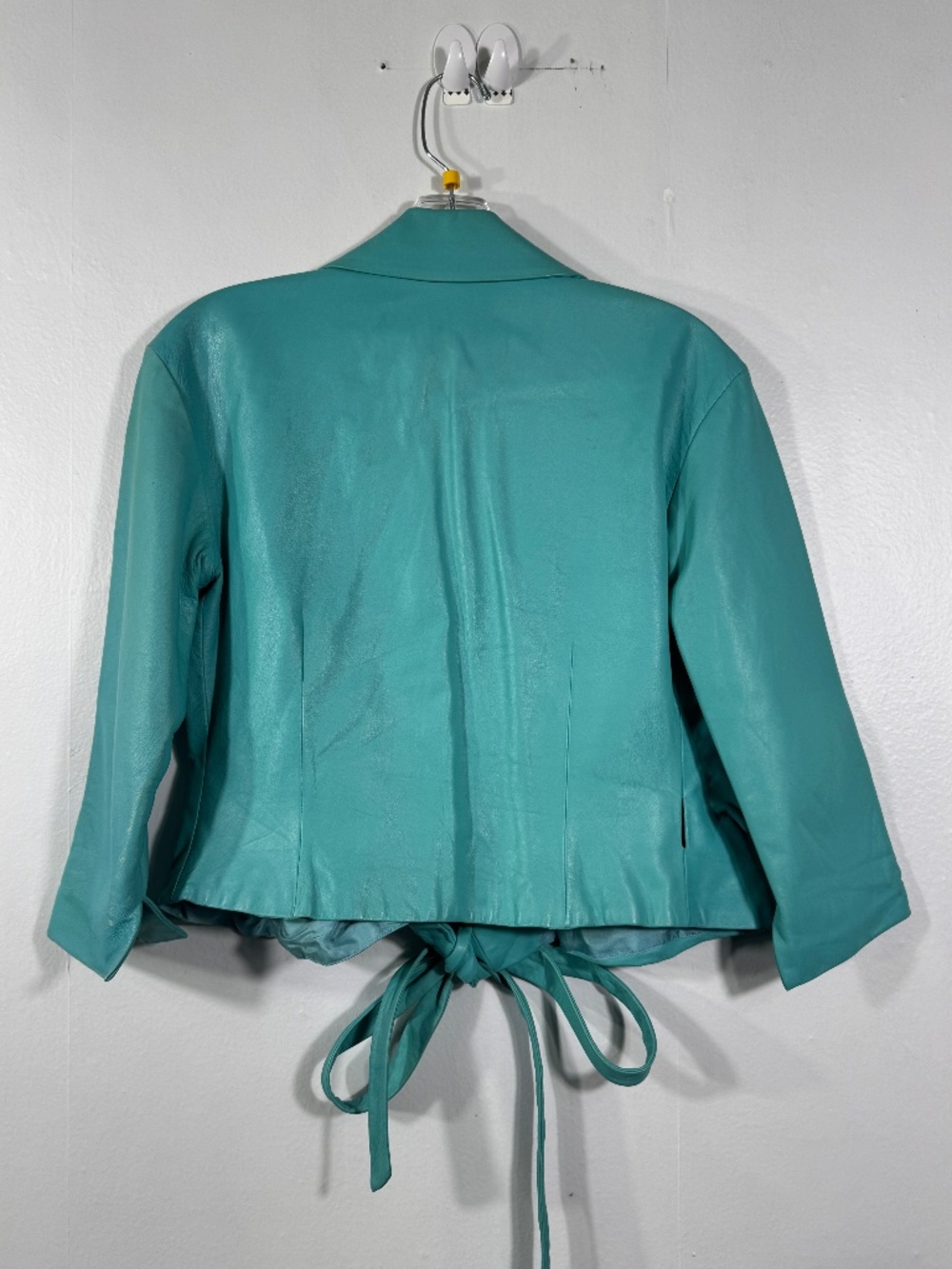 Badgley Mischka Vintage Teal Leather Jacket Silk Lined Cropped Tie Waist Sz‎ M/8 - Picture 2 of 15